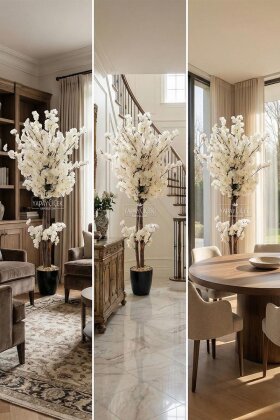  Saksıda Yapay 2 Gövdeli Bahar Dalı Ağacı 100 cm Beyaz - 3