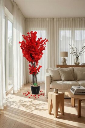  Saksıda Yapay 2 Gövdeli Bahar Dalı Ağacı 100 cm Kırmızı - 2