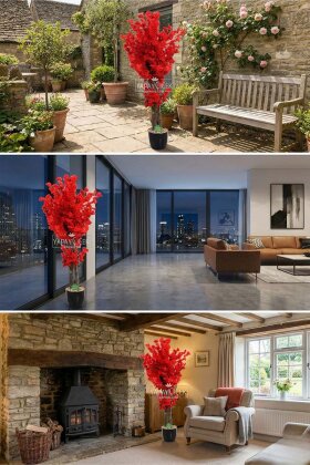  Saksıda Yapay 2 Gövdeli Bahar Dalı Ağacı 100 cm Kırmızı - 3