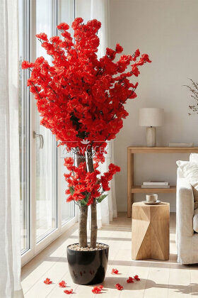  Saksıda Yapay 2 Gövdeli Bahar Dalı Ağacı 100 cm Kırmızı - Yapay Çiçek Deposu