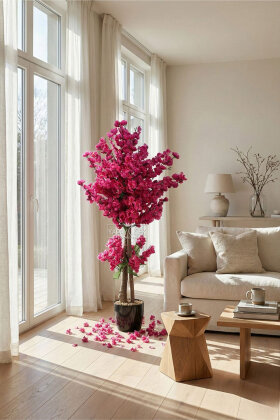  Saksıda Yapay 2 Gövdeli Bahar Dalı Ağacı 100 cm Mor - 2