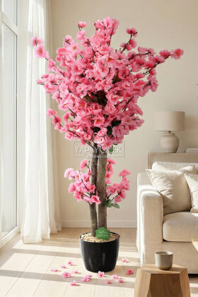  Saksıda Yapay 2 Gövdeli Bahar Dalı Ağacı 100 cm Pembe - Yapay Çiçek Deposu