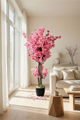  Saksıda Yapay 2 Gövdeli Bahar Dalı Ağacı 100 cm Pembe - 2