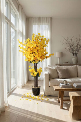  Saksıda Yapay 2 Gövdeli Bahar Dalı Ağacı 100 cm Sarı - 2