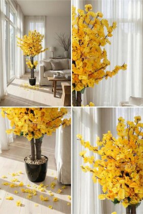  Saksıda Yapay 2 Gövdeli Bahar Dalı Ağacı 100 cm Sarı - 3