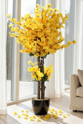  Saksıda Yapay 2 Gövdeli Bahar Dalı Ağacı 100 cm Sarı - Yapay Çiçek Deposu