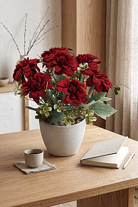 Yapay Çiçek Saksıda Lia Serisi Dahlia Tanzimi 25 cm Bordo - Yapay Çiçek Deposu