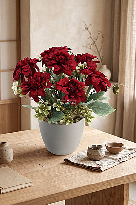 Yapay Çiçek Saksıda Lia Serisi Dahlia Tanzimi 25 cm Bordo - 2