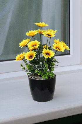 Siyah Saksida Yapay 18li Ayçiçeği tanzimi 44 cm - Yapay Çiçek Deposu