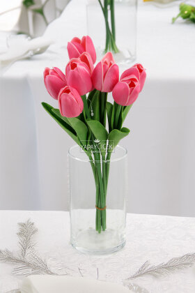Yapay 8li Islak Lale Buketi Gerçek Doku Canlı Pembe - 2