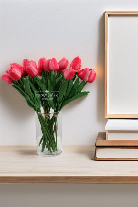 Yapay 8li Islak Lale Buketi Gerçek Doku Canlı Pembe - Yapay Çiçek Deposu