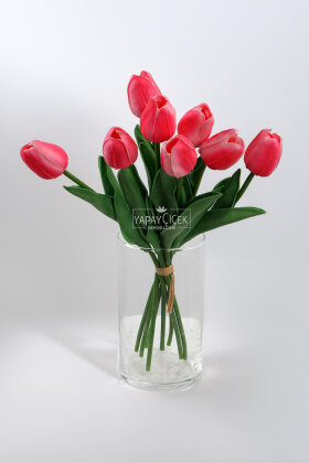 Yapay 8li Islak Lale Buketi Gerçek Doku Canlı Pembe - 2