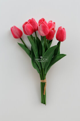 Yapay 8li Islak Lale Buketi Gerçek Doku Canlı Pembe - 3