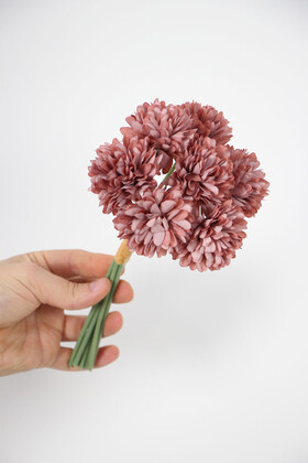 Yapay Çiçek Top Krizantem 7li Mini Kartopu Demeti 28 cm Gül Kurusu - 5