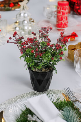 Yapay Çiçek Saksıda Pudralı Mini Çiçekli ve Cipsolu Yeni Yıl Masa Çiçeği 22 cm - Yapay Çiçek Deposu